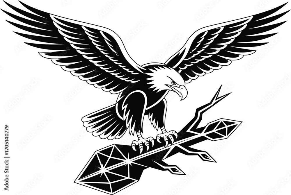 Obraz premium Black eagle perched on geometric branch bird animal