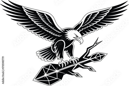 Black eagle perched on geometric branch bird animal