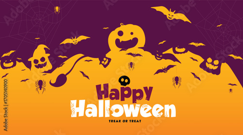 Halloween clipart illustration featuring pumpkins, flying bats, spiders, cobwebs and spooky silhouettes. A festive vector background perfect for greeting cards, invitations, and seasonal templates.