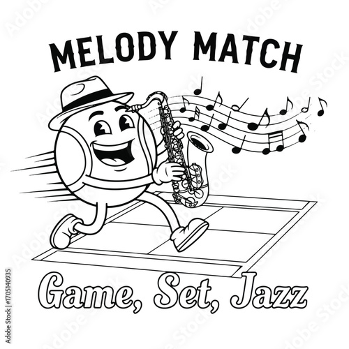 Cartoon tennis ball character playing saxophone on a tennis court, promoting a jazz-themed game.