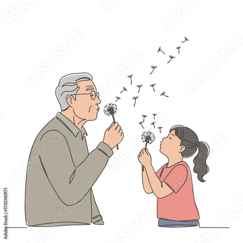 Joyful Grandfather and Granddaughter Blowing Dandelions Vector Illustration, Capturing Cherished Intergenerational Moments