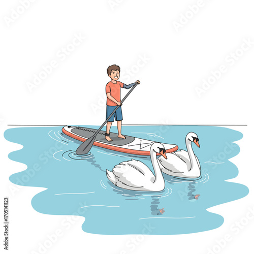 Celebrating Adaptive Recreation: Young Person with Prosthetic Arm Paddleboarding with Swans Vector Illustration