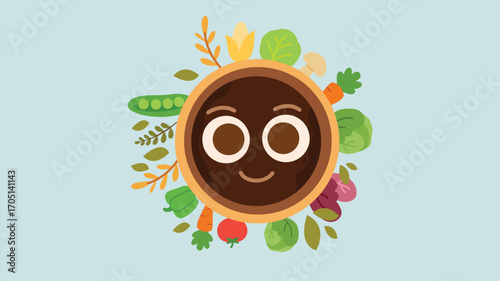 Smiling bowl illustration surrounded by vegetables and healthy food