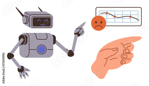 Robot gestures toward falling graph line with sad face symbol and pointing hand. Ideal for technology, AI, data analysis, failure, emotion, decision-making, human-machine interaction. A simple flat