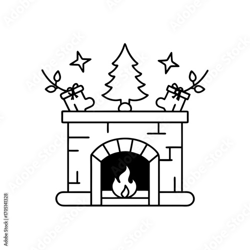 Christmas fireplace with tree and stockings on transparent background silhouette