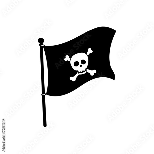 Illustration of a black pirate flag waving on transparent background silhouette