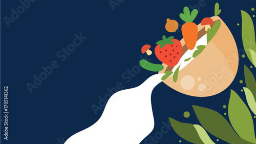 Creative illustration of pouring milk with fresh fruits and vegetables