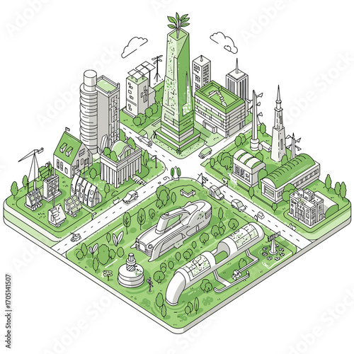 Sustainable Urban Planning Vector Illustration: Green City Living and Renewable Energy Solutions
