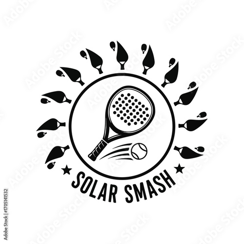 Black and white logo featuring a padel racket, ball, and the words 'Solar Smash' in a circular design.