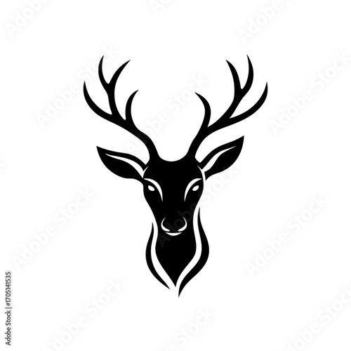 Stylized black deer head with large antlers on transparent background silhouette
