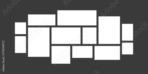 Wide empty photo collage template of 13 image. Photo gallery mosaic collage