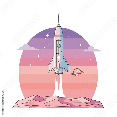Future Horizons Vector Illustration: Rocket Launching for Startup Success & Breakthrough Innovation