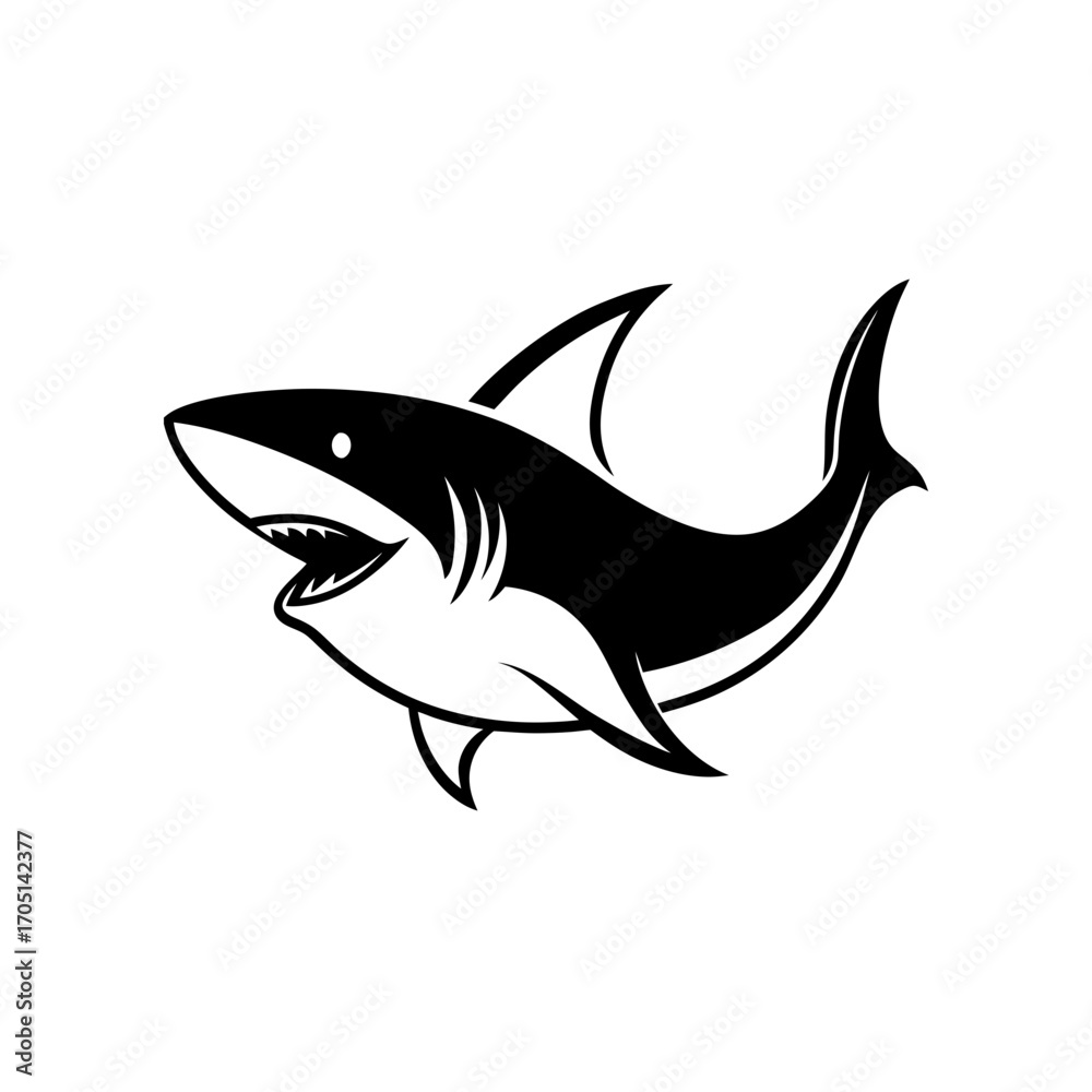 Fototapeta premium Stylized black and white shark illustration on transparent background silhouette