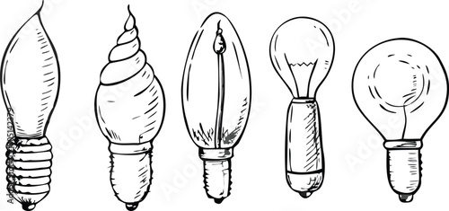 Various incandescent light bulbs drawn in black ink filament glass
