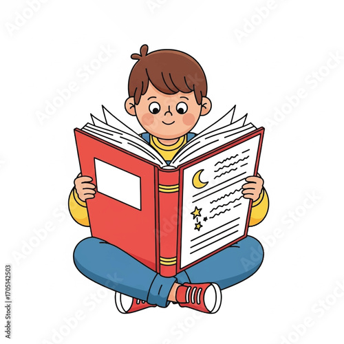 Child Reading a Colorful Storybook with Enthusiasm