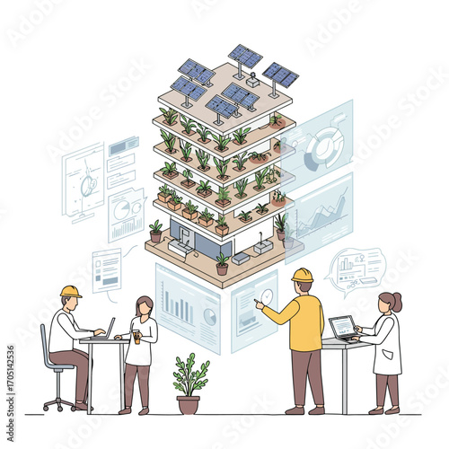 Architects & Engineers Collaborating on Sustainable Urban Farming and Green City Development - Vector Illustration