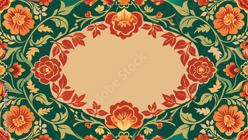 Ornate floral border with warm hues and deep green background warm colors orange