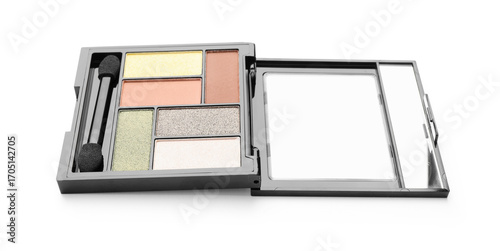 Canvas Print Beautiful eyeshadow palette with applicator isolated on white