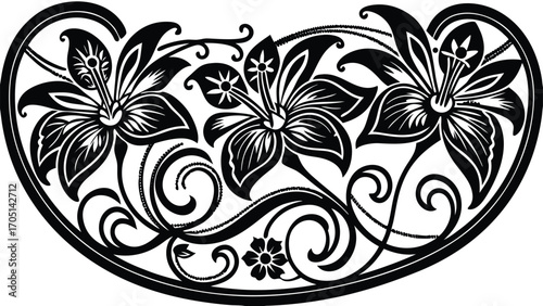 Black floral art nouveau decorative element with swirling leaves and flowers white