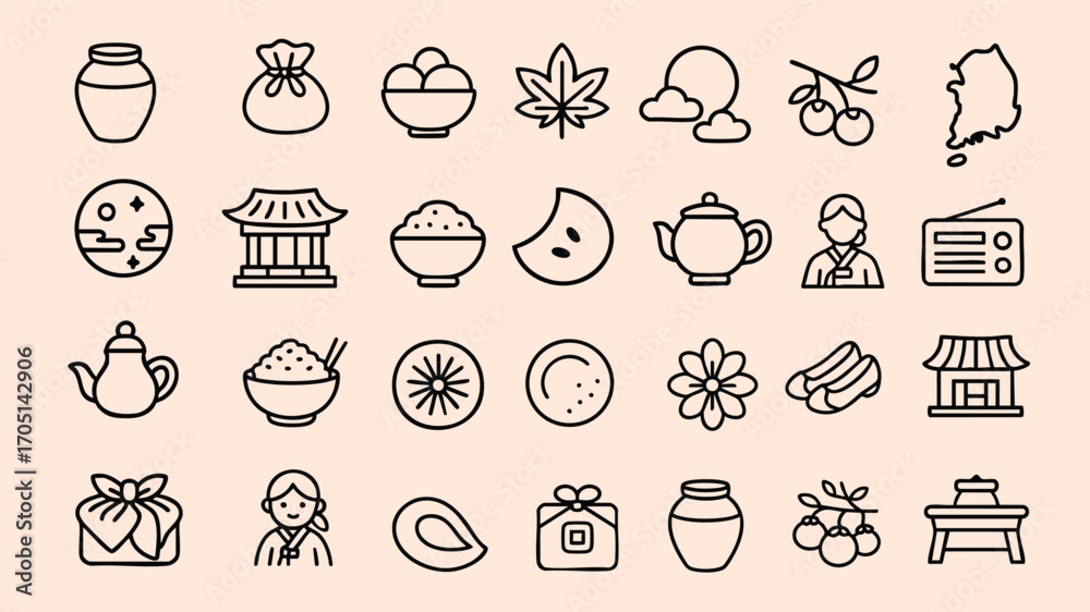 Obraz premium Flat Korean Chuseok celebration icons collection with food and culture