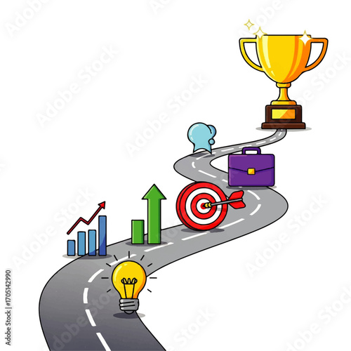 Conceptual illustration of a business roadmap, a strategic path with milestones leading from an idea to achieving a successful goal
