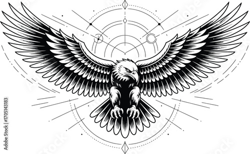 Black eagle with outstretched wings and geometric patterns