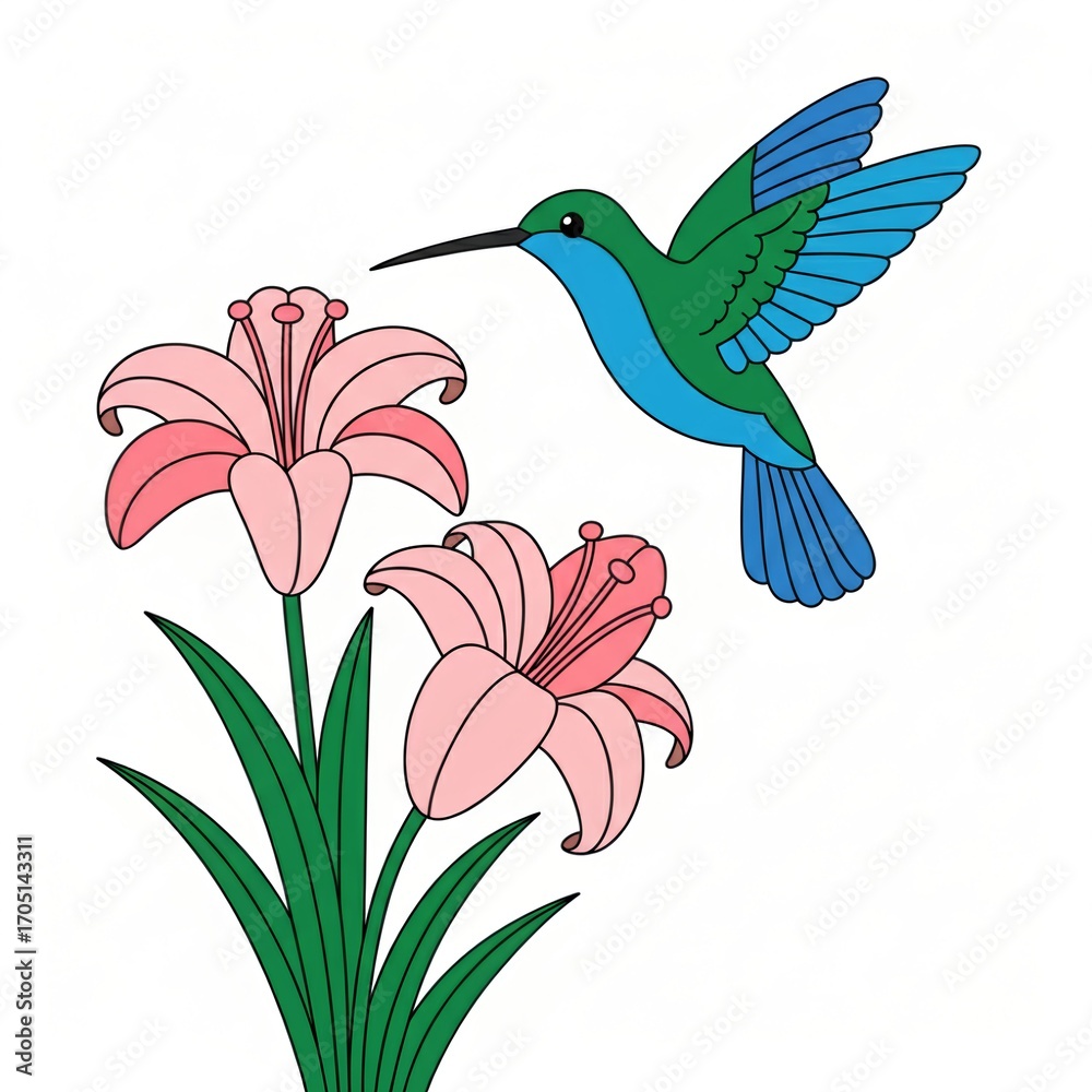 Obraz premium hummingbird and flower vector illustration cute 