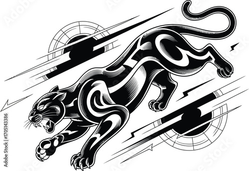 Black panther leaping with abstract geometric shapes