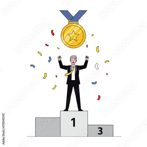A jubilant businessman celebrates his first-place victory on a winner's podium, showered with confetti under a giant gold medal, symbolizing success and achievement