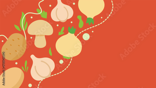 Red background vegetable design with mushrooms garlic onions and potatoes