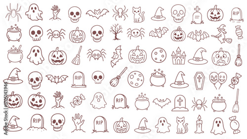 Thin line halloween icons set with skull ghost pumpkin