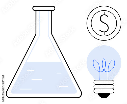 Laboratory flask filled with liquid, a coin with a dollar sign, and a glowing light bulb. Ideal for science, innovation, research, finance, creativity entrepreneurship education. Simple flat