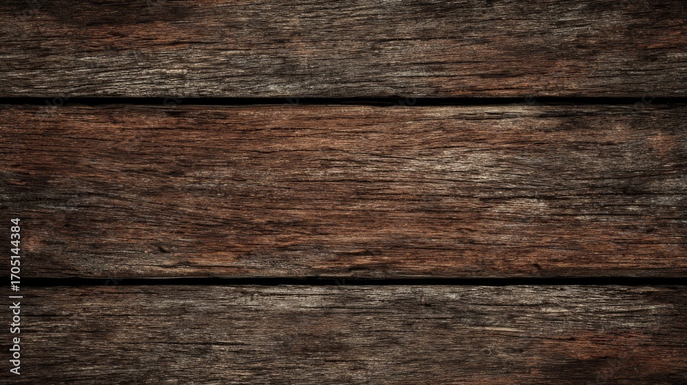 Fototapeta premium Dark brown natural wooden texture background with rustic plank surface, vintage timber grain pattern for wallpaper, interior design, digital backdrop, and decorative background element