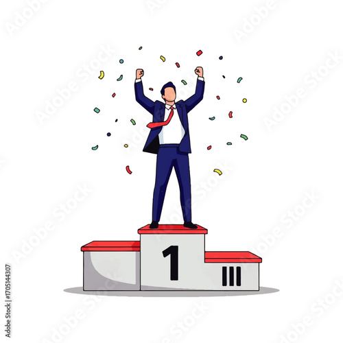 Vector illustration of a triumphant businessman on a winner's pedestal, celebrating his top achievement and success