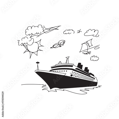 Hand Drawn Cruise Ship Vacation Scene Under a Bright Sun with Clouds and Playful Sea, Promoting Travel and Leisure