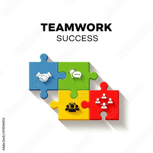 Infographic of a four-piece jigsaw puzzle with business icons representing partnership, communication, and strategy for corporate success