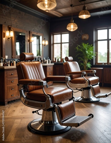 Stylish barbershop interior with leather barber chairs
