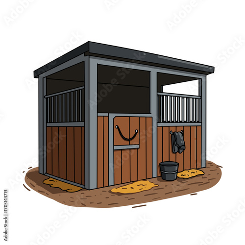 Horse stable interior with wooden walls and straw on the ground  