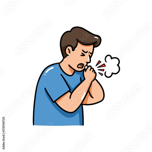 Man coughing into elbow while experiencing discomfort  