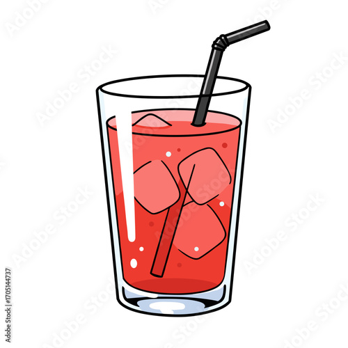 Glass of rose lemonade with ice cubes and straw in bright colors  