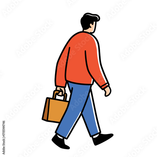 Man walking with briefcase in casual attire on white background  