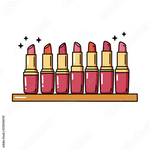 Collection of lipsticks displayed on wooden shelf with stars  
