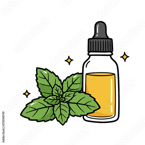 Mint leaves with essential oil dropper bottle in bright colors  