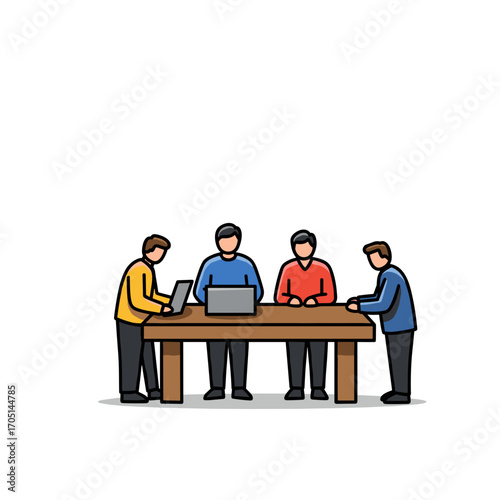 Four men collaborating at table with laptops in modern workspace   
