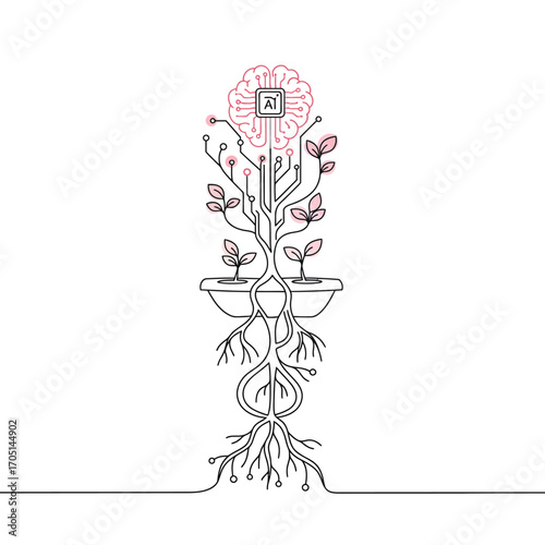 AI Powered Growth Vector Illustration: Intelligent Technology Nurturing Sustainable Innovation & Strategic Foundations