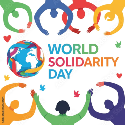 Celebration of World Solidarity Day with diverse hands and globe