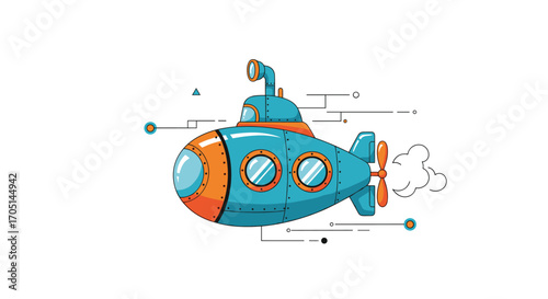 A cartoon submarine with a blue body and orange accents is shown in motion underwater.