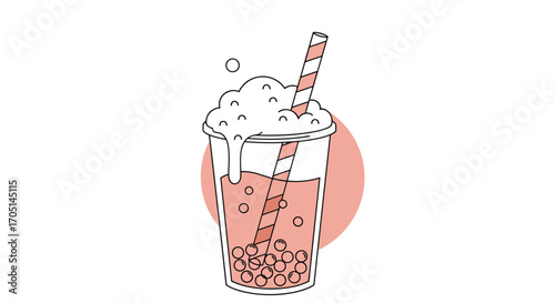A refreshing pink bubble tea beverage with a straw and tapioca pearls.