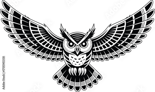 Black and white graphic owl with spread wings bird