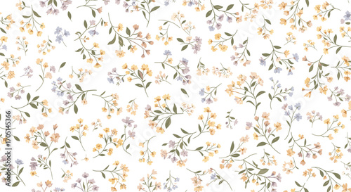 A delicate ditsy floral pattern with small blooming flowers in soft pastel colors.